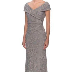 La Femme Platinum Off the Shoulder Ruched Lace Shimmer Trumpet Gown